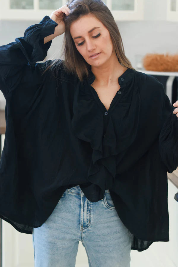 Black Gauze Ruffle Front Blouse