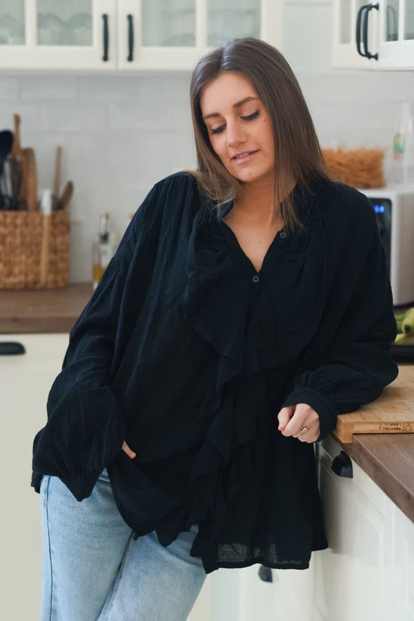 Black Gauze Ruffle Front Blouse