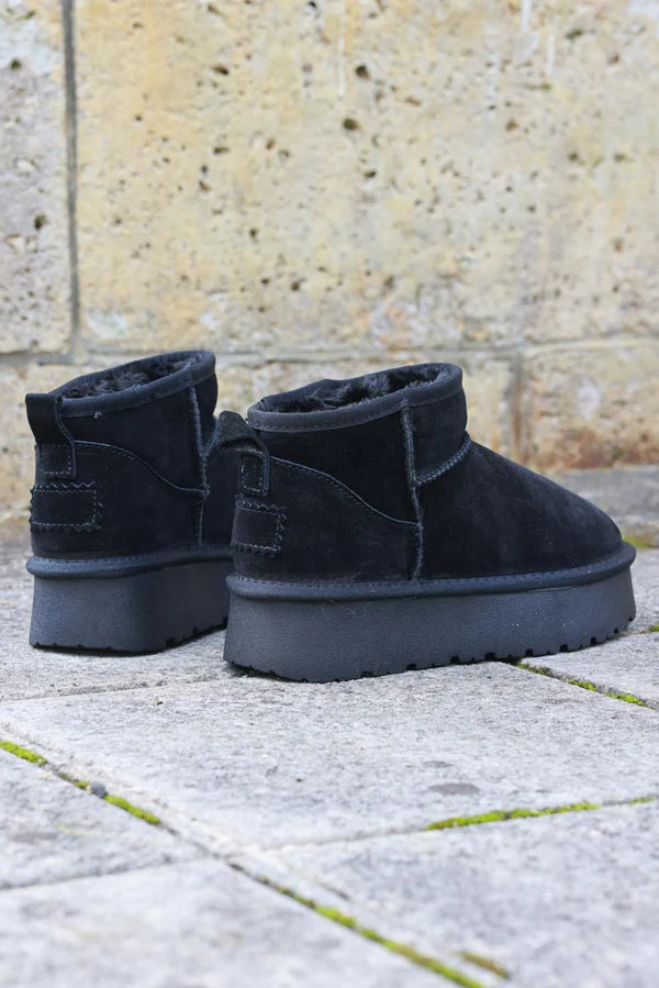 Emma Black Genuine Suede Platform Mini Boots