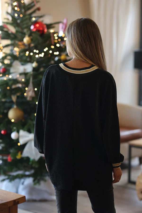 Black and Gold Lurex V-Neck Sweater