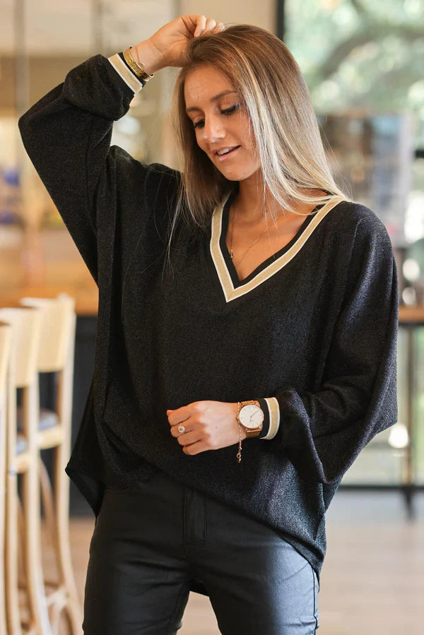 Black and Gold Lurex V-Neck Sweater