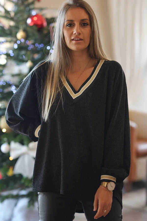 Black and Gold Lurex V-Neck Sweater