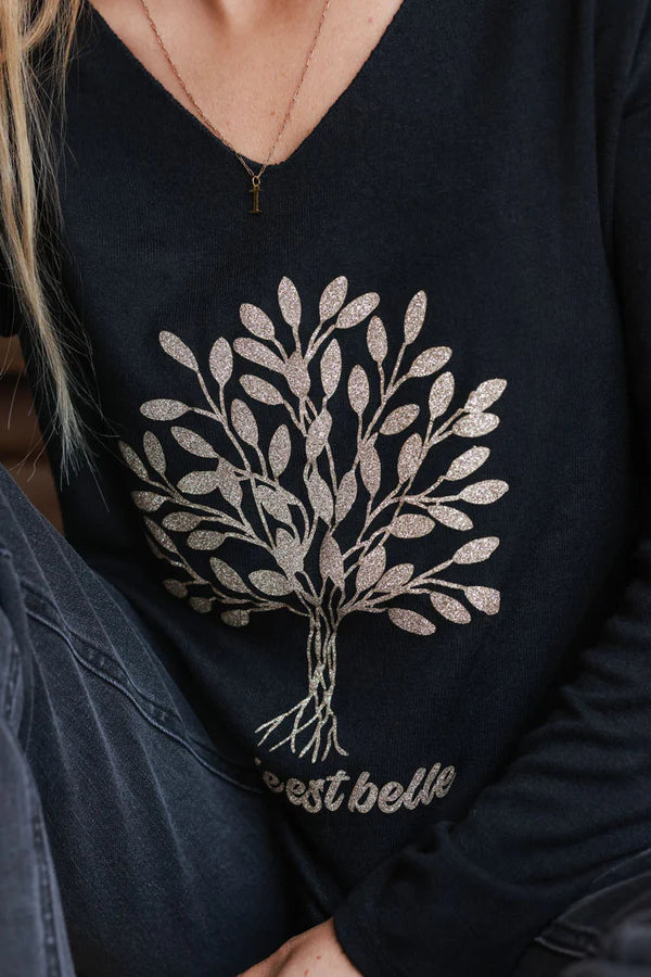 Black “La Vie Est Belle” Gold Glitter Tree Long-Sleeve Tee