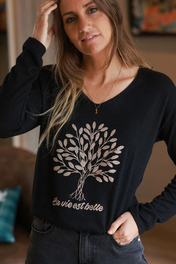 Black “La Vie Est Belle” Gold Glitter Tree Long-Sleeve Tee