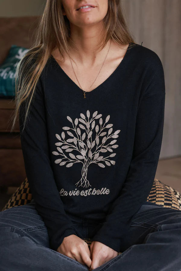 Black “La Vie Est Belle” Gold Glitter Tree Long-Sleeve Tee