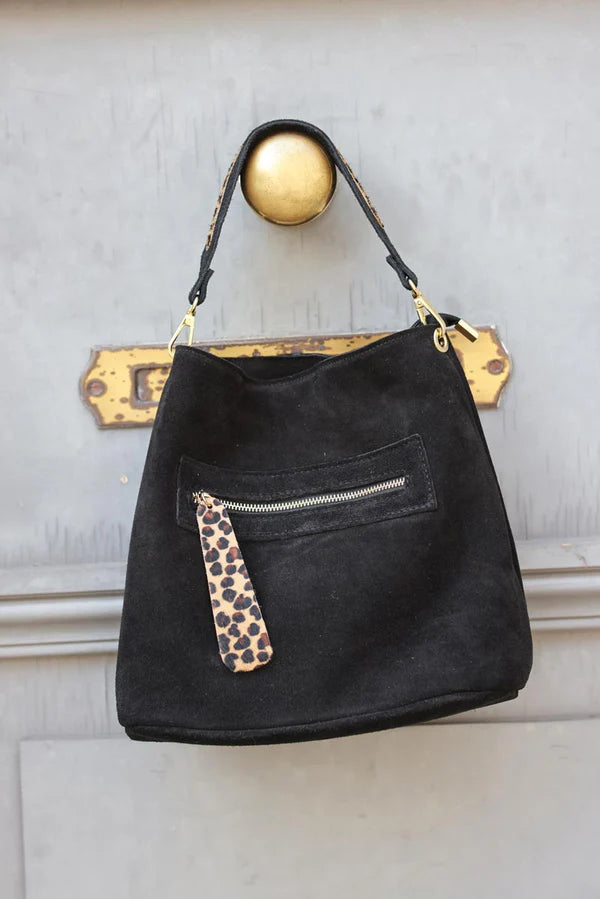 Black leather bucket bag with leopard details