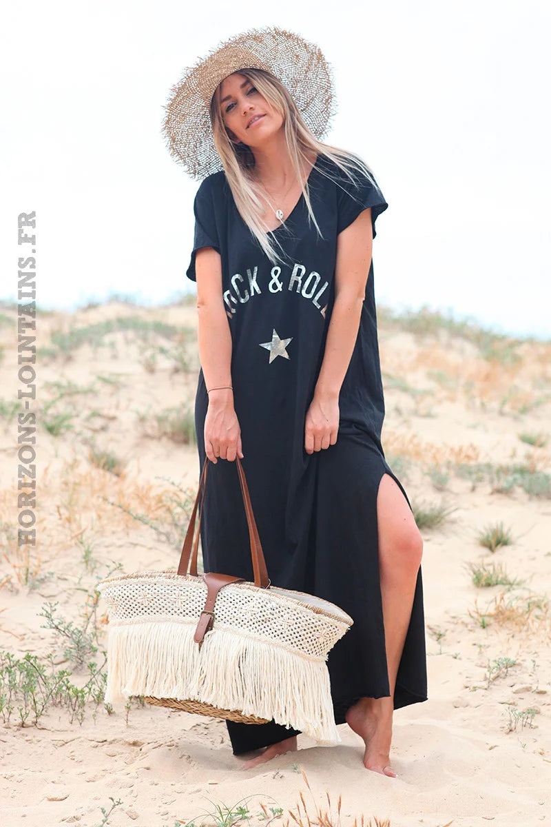 Black 'Rock and Roll' Cotton Maxi Dress