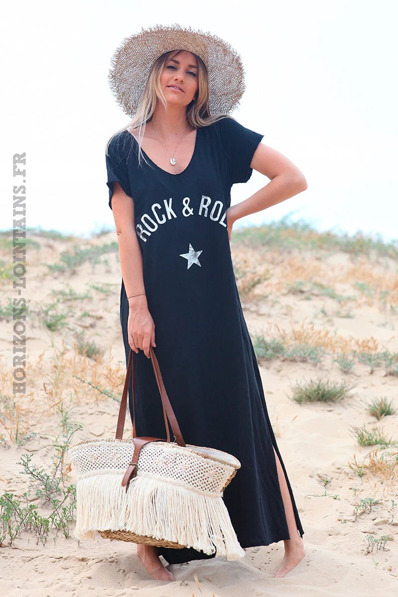 Black 'Rock and Roll' Cotton Maxi Dress