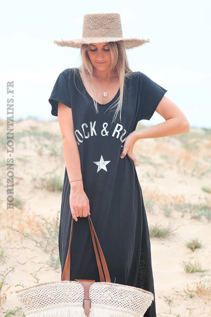 Black 'Rock and Roll' Cotton Maxi Dress