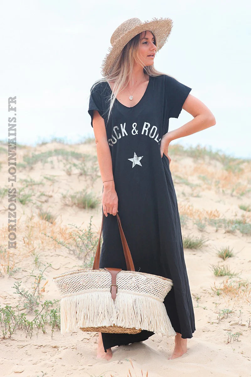 Black 'Rock and Roll' Cotton Maxi Dress