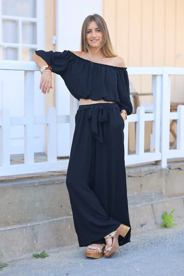 Black Metallic Co-Ord Bardot Crop Top and Wide Leg Pants