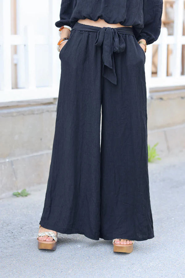 Black Metallic Co-Ord Bardot Crop Top and Wide Leg Pants