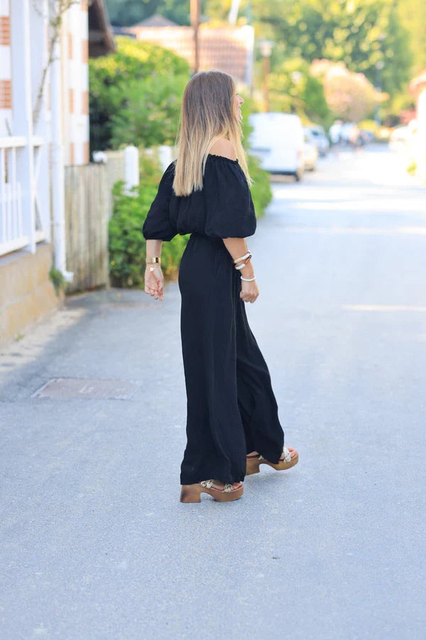 Black Metallic Co-Ord Bardot Crop Top and Wide Leg Pants