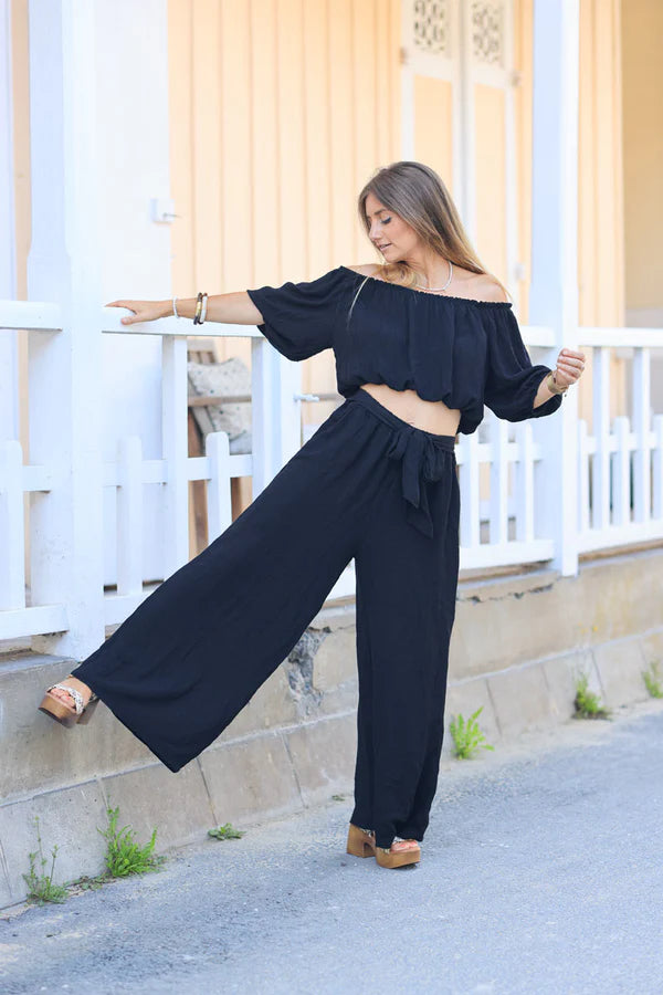 Black Metallic Co-Ord Bardot Crop Top and Wide Leg Pants