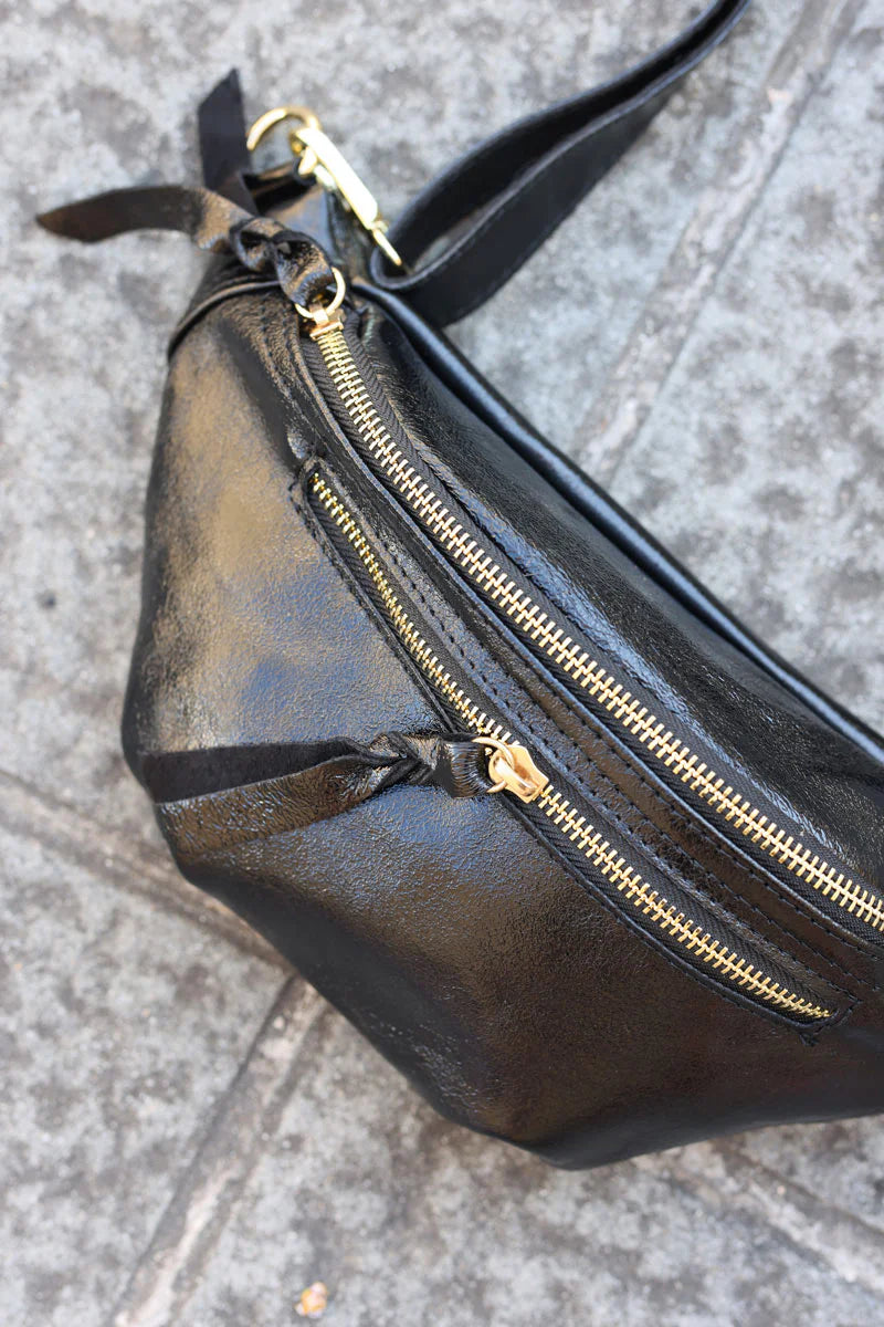 Black metallic leather double zip bum bag