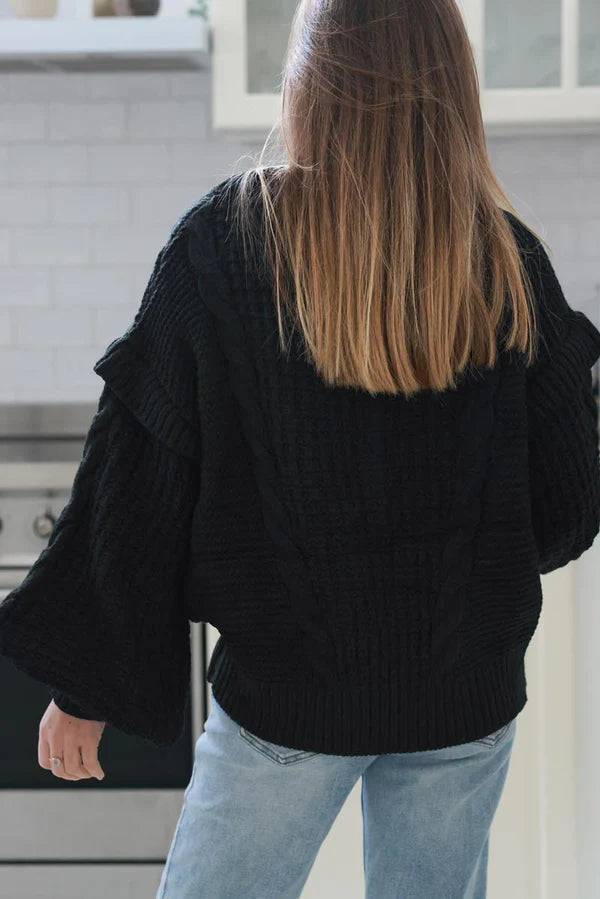 Black Mohair Knit Modern Cable Knit Sweater