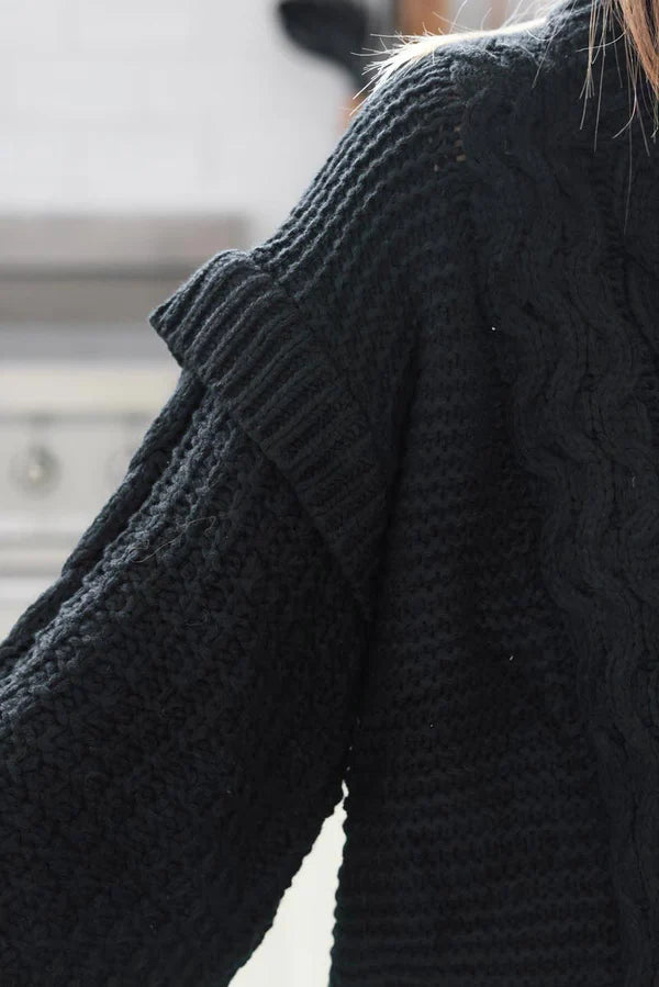 Black Mohair Knit Modern Cable Knit Sweater