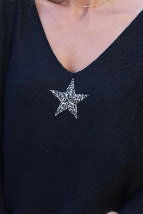 Black Oversized super soft Sweater with Silver Rhinestone Star