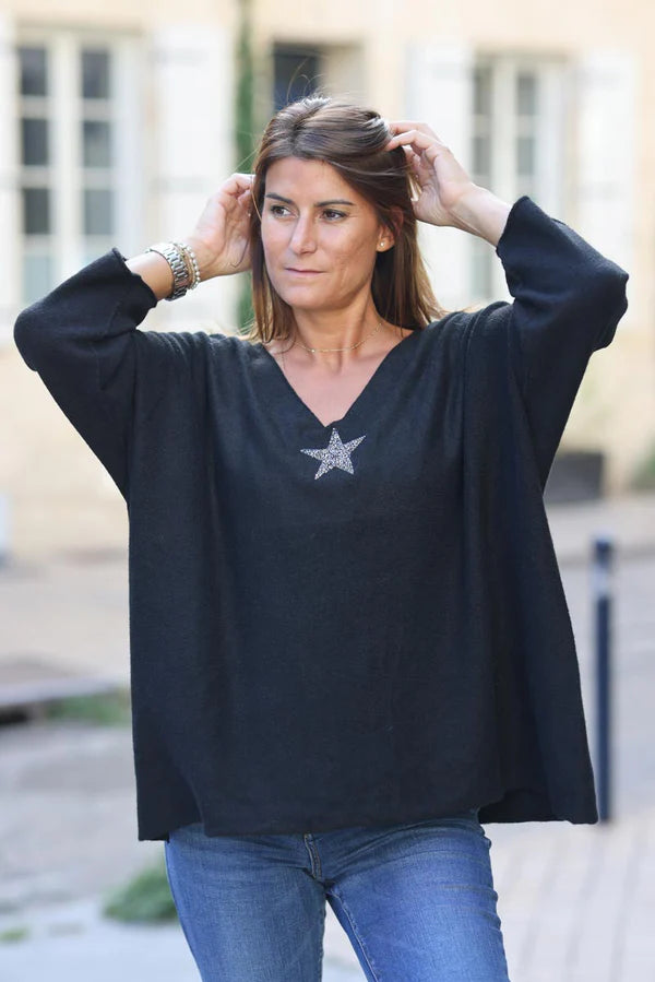 Black Oversized super soft Sweater with Silver Rhinestone Star