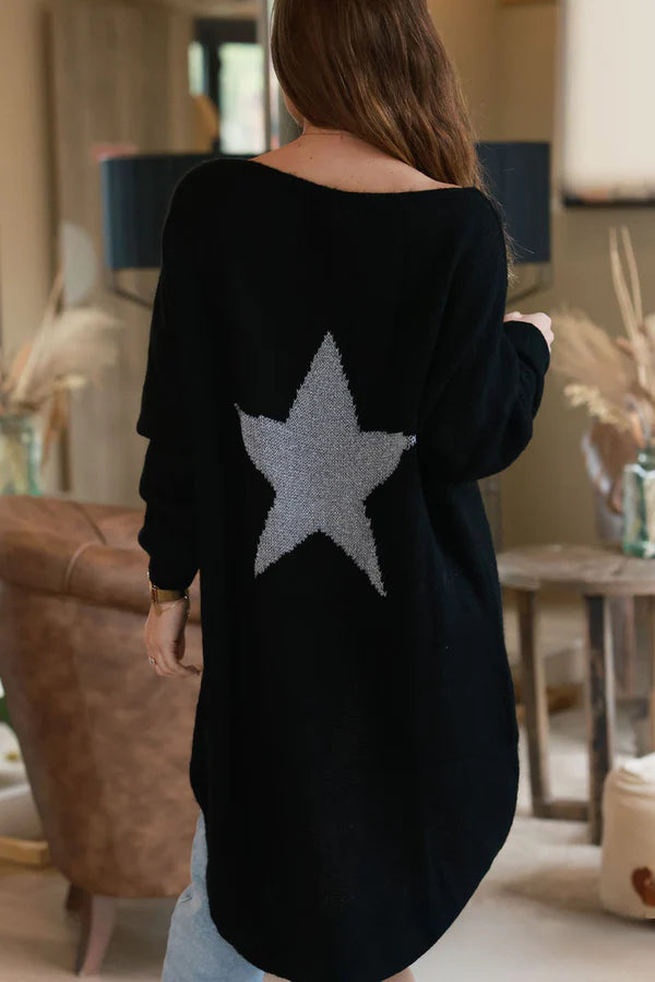 Black Silver Star Wool Blend Slouchy Knit Top