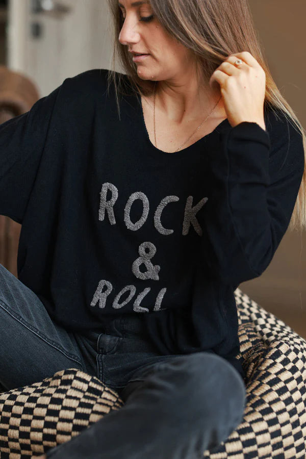 Black Slub Knit “Rock & Roll” Long Sleeve Tee