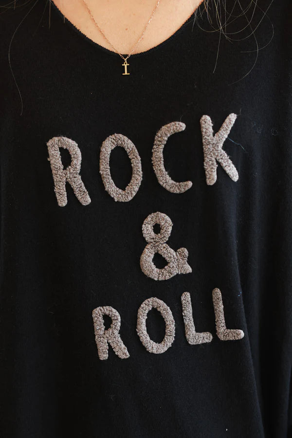 Black Slub Knit “Rock & Roll” Long Sleeve Tee