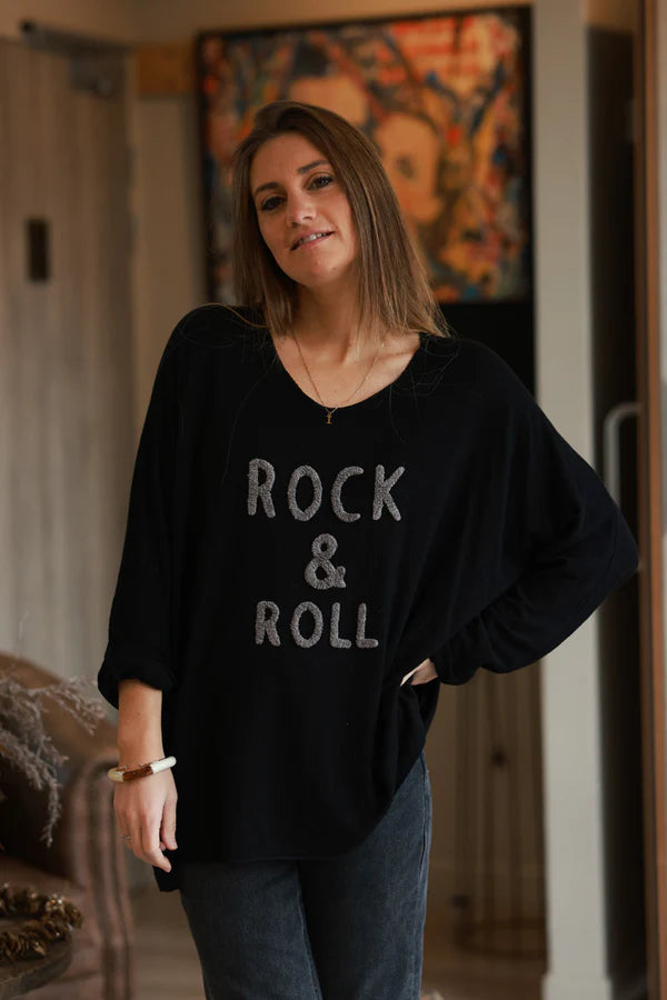 Black Slub Knit “Rock & Roll” Long Sleeve Tee