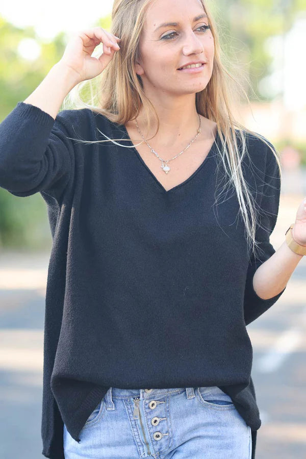 Black Soft Basic V-neck Sweater