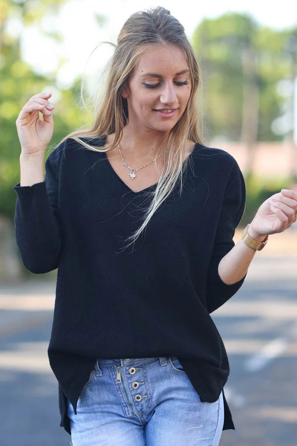 Black Soft Basic V-neck Sweater