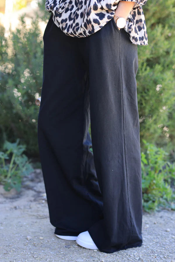 Black Stretch Cotton Wide Leg Flared Sweatpants