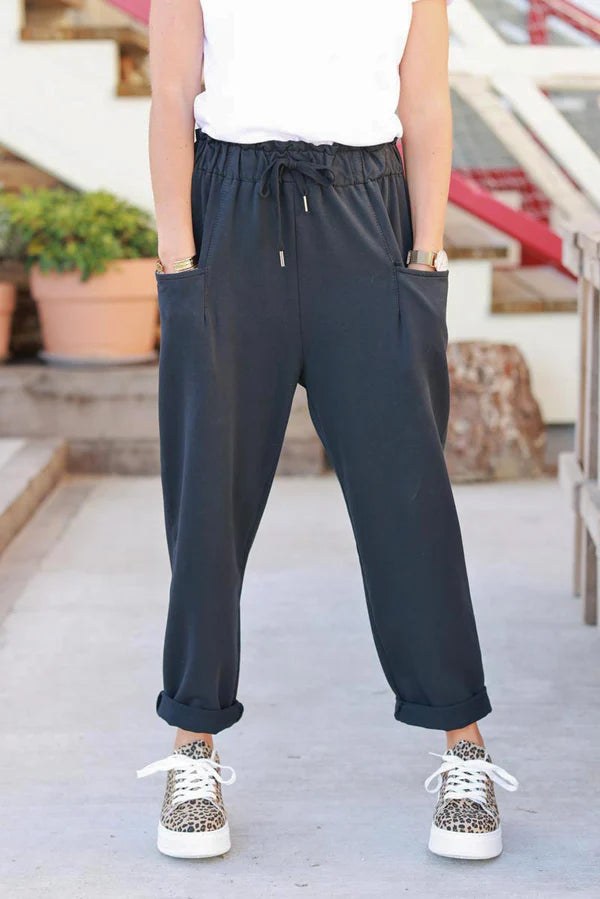 Black Stretch Jersey Knit Cuffed Trousers