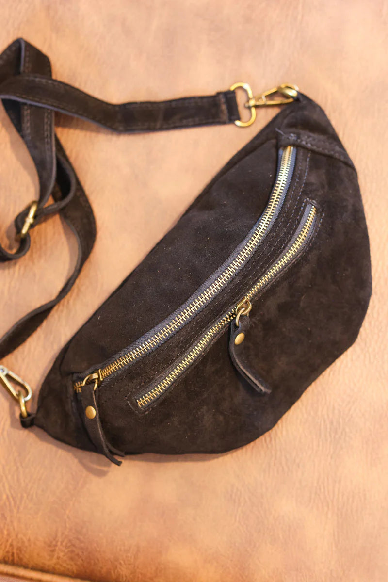 Black suede leather shoulder bag with double zipped pockets