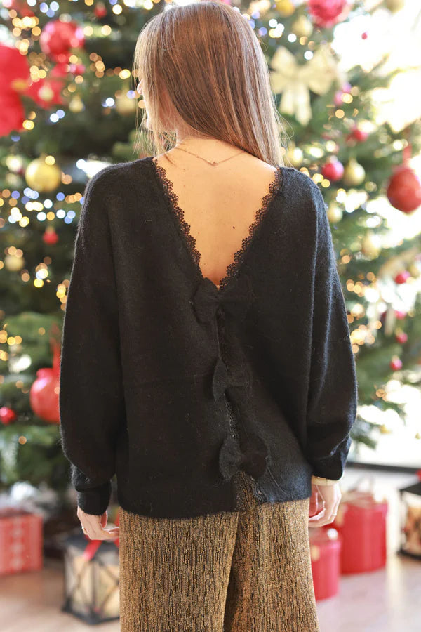 Black Wool Blend Sweater with Bow Back Detail