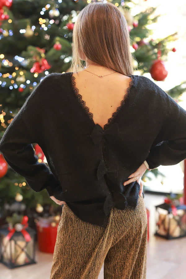 Black Wool Blend Sweater with Bow Back Detail