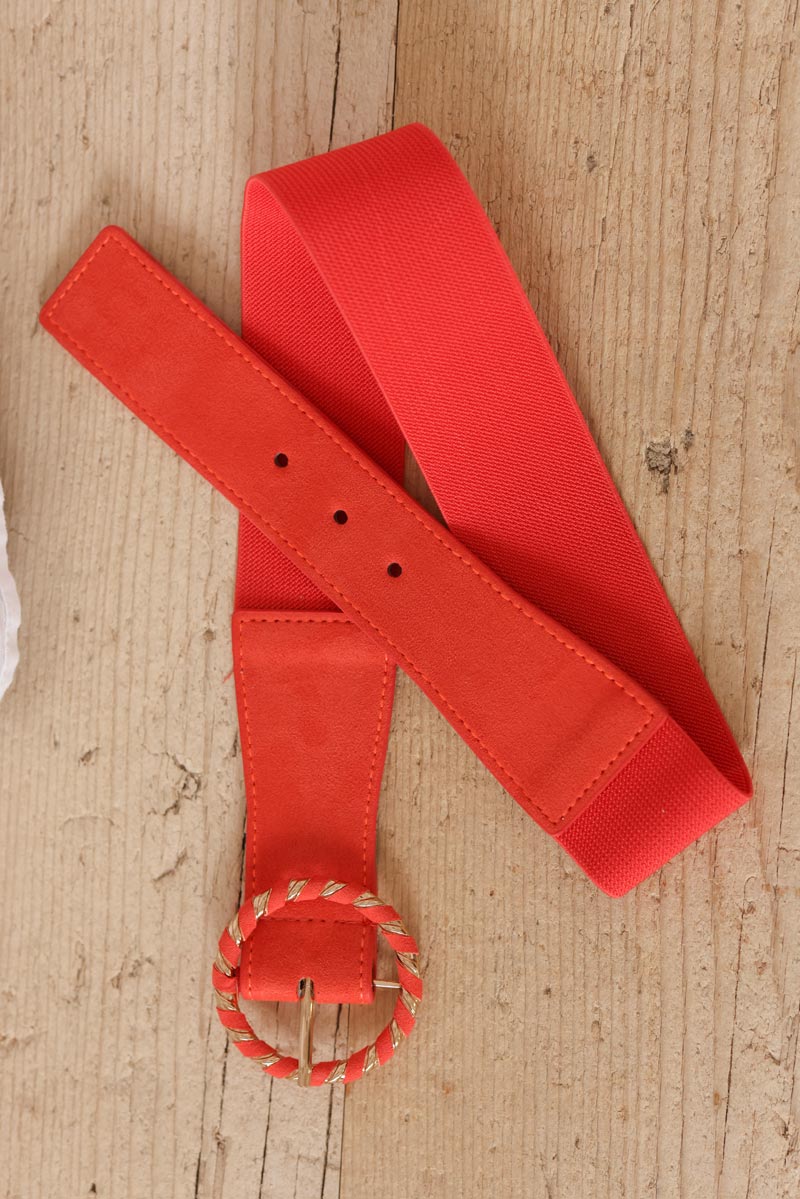 Blood orange elasticated suedette belt with braided gold buckle