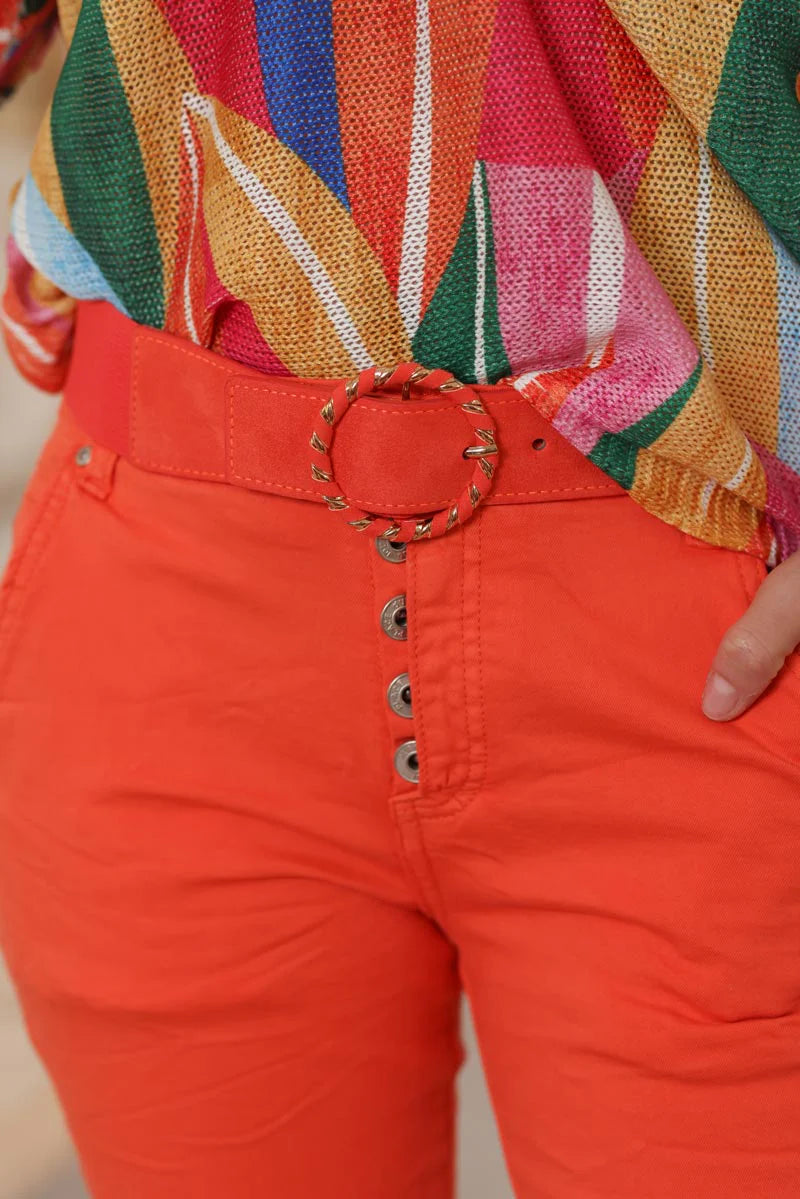 Blood orange elasticated suedette belt with braided gold buckle