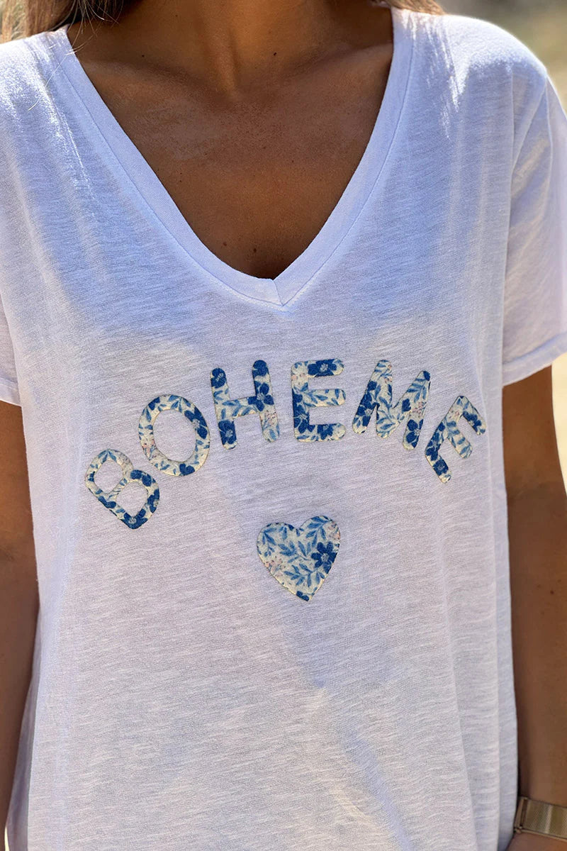 Blue Boho Heart Stretch V-Neck Tee