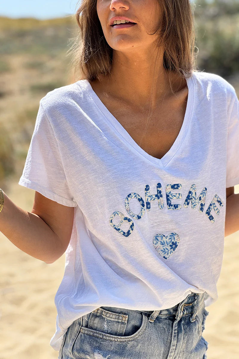 Blue Boho Heart Stretch V-Neck Tee