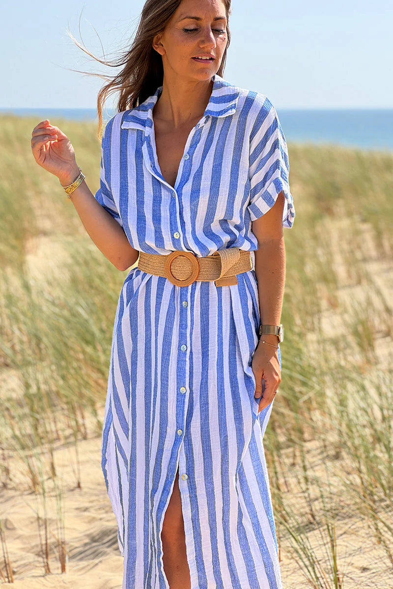 Blue Cabana Stripe Gauze Belted Shirt Dress