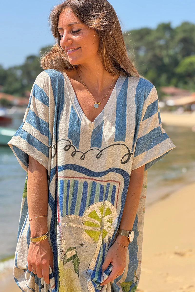 Blue Cabana Stripe Mojito Glitter Knit Caftan