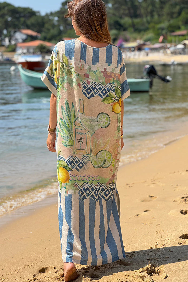 Blue Cabana Stripe Mojito Glitter Knit Caftan