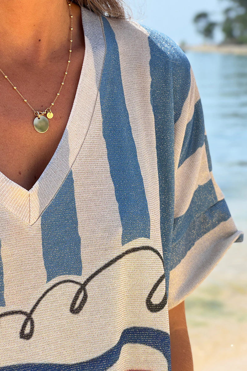 Blue Cabana Stripe Mojito Glitter Knit Caftan
