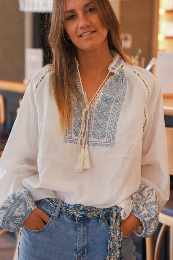 Blue and Cream Boho Embroidered Cotton Tunic