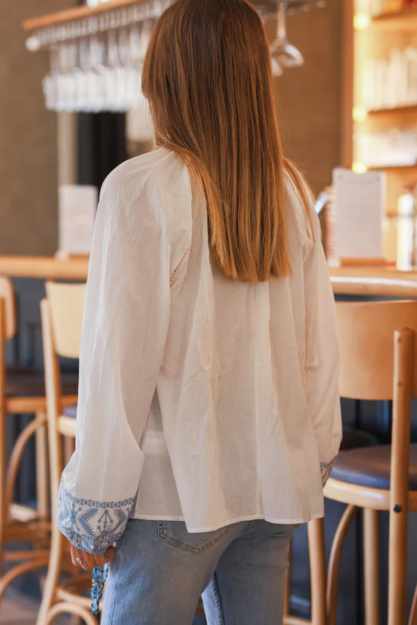 Blue and Cream Boho Embroidered Cotton Tunic