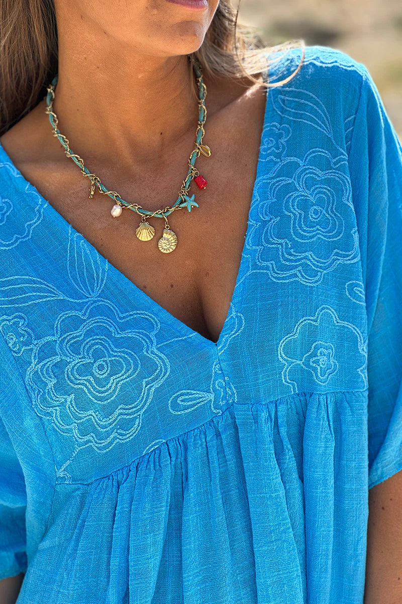 Blue Floral Embroidered Gauze V-Neck Mini Dress