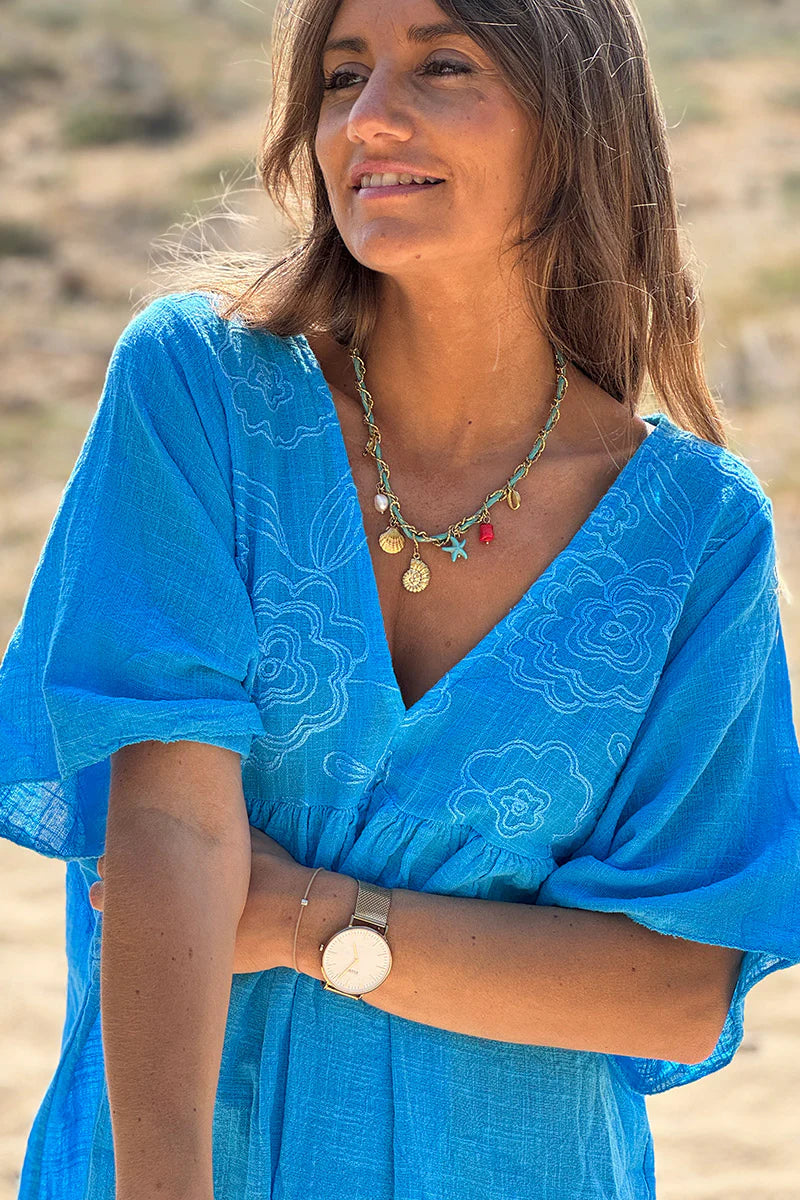 Blue Floral Embroidered Gauze V-Neck Mini Dress