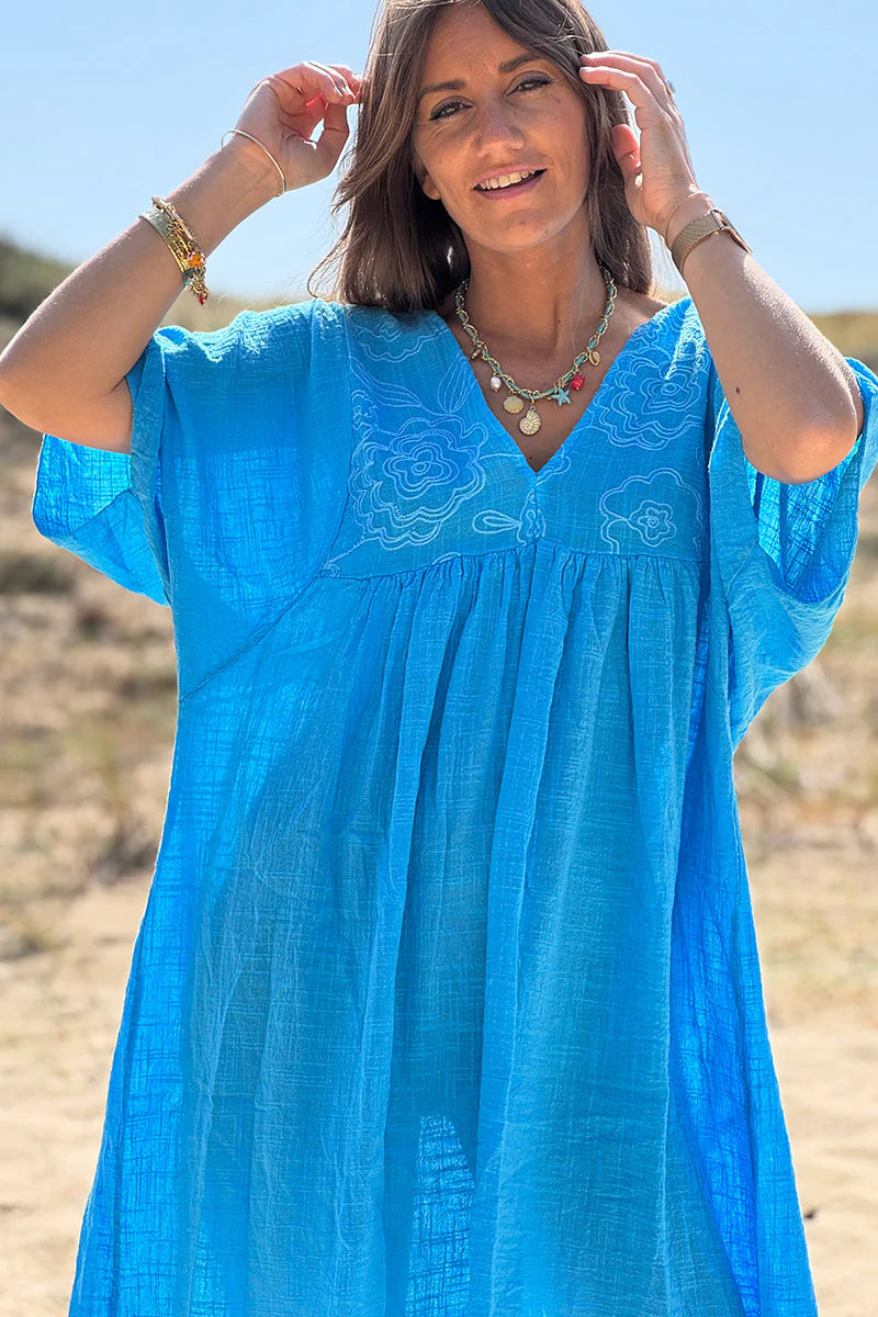 Blue Floral Embroidered Gauze V-Neck Mini Dress