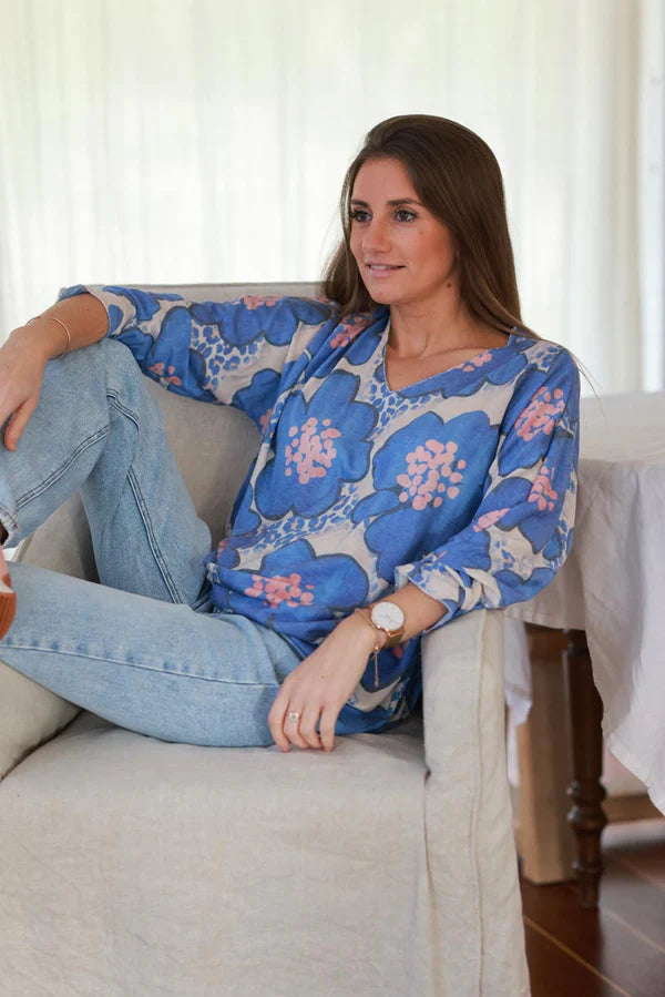 Royal Blue Floral and Leopard ¾-Sleeve Slouchy Top