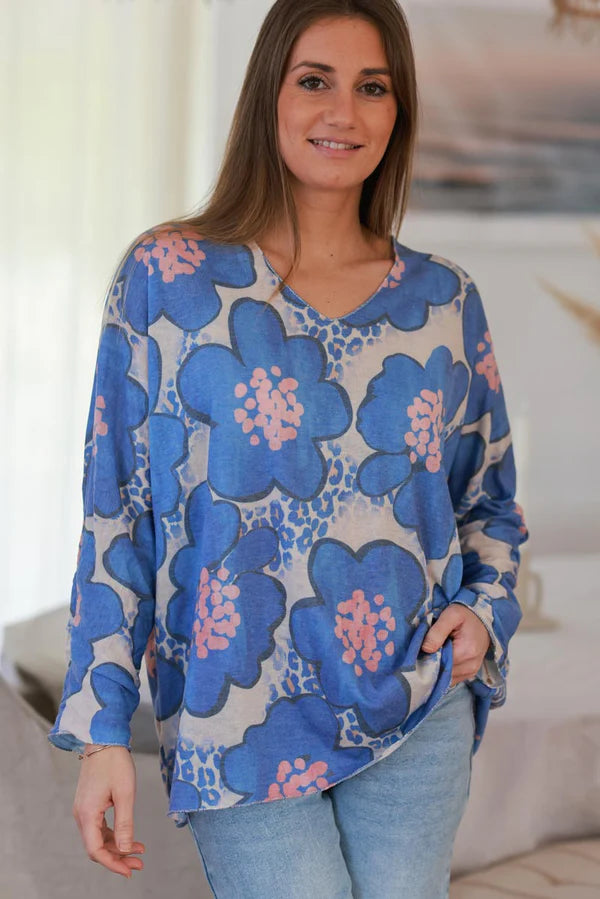 Royal Blue Floral and Leopard ¾-Sleeve Slouchy Top