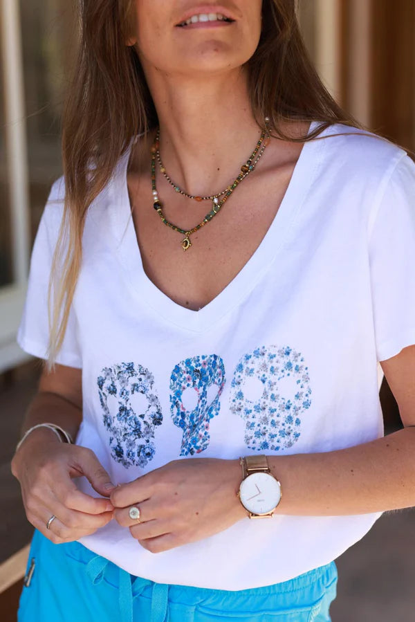 Blue Floral Skulls V-Neck Tee